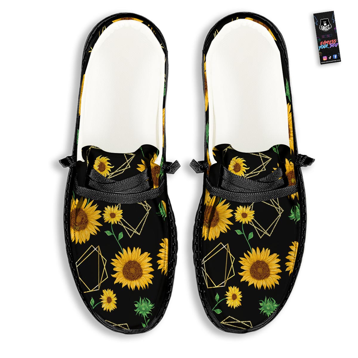 Polygonal Sunflower Print Pattern Black Loafers-grizzshop