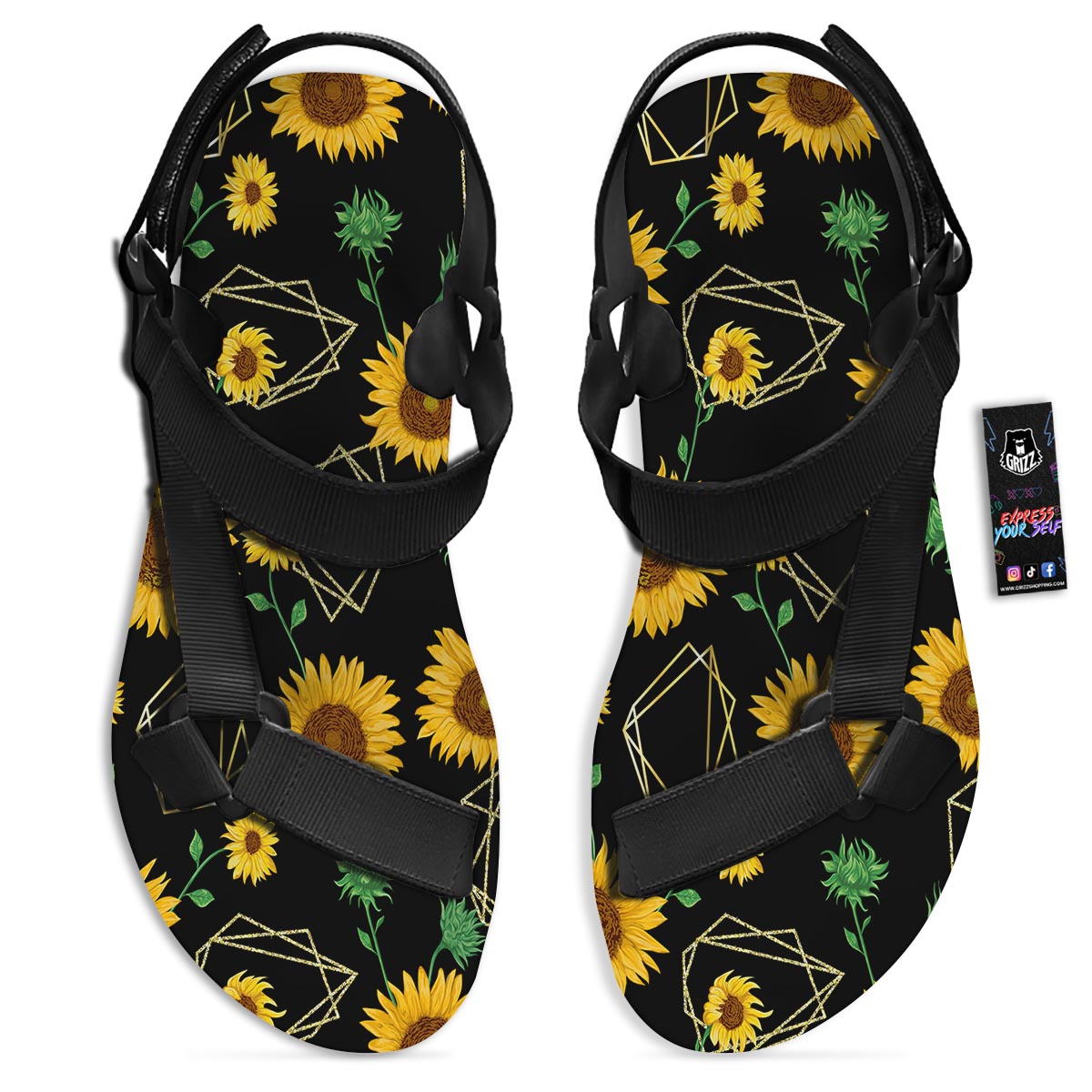 Polygonal Sunflower Print Pattern Black Open Toe Sandals-grizzshop