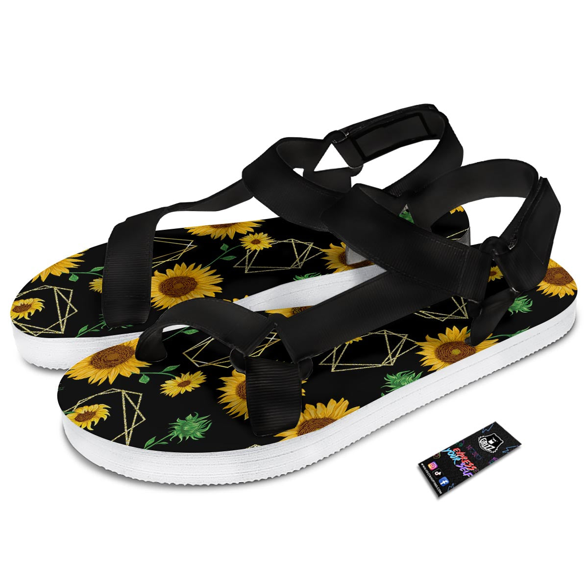 Polygonal Sunflower Print Pattern Black Open Toe Sandals-grizzshop