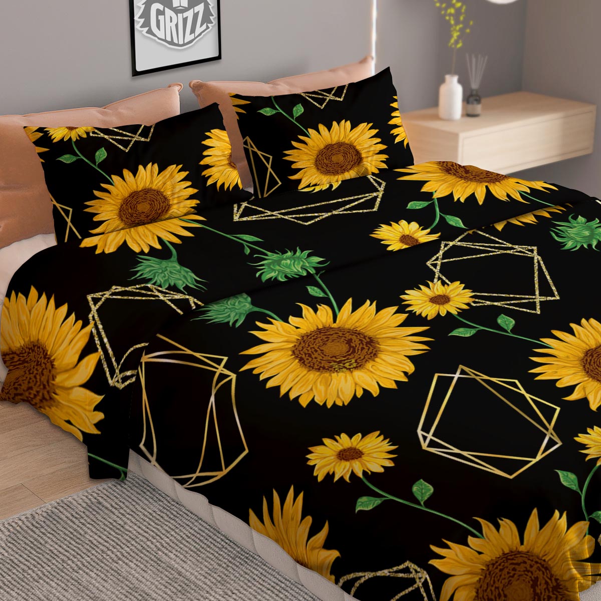 Polygonal Sunflower Print Pattern Duvet Cover Bedding Set-grizzshop