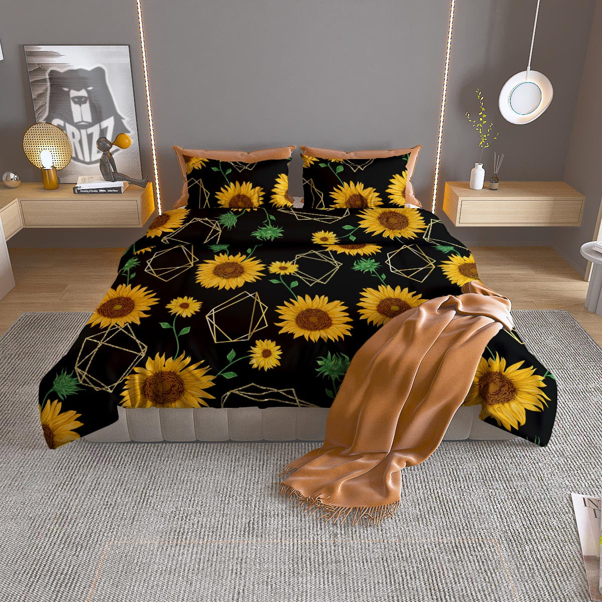 Polygonal Sunflower Print Pattern Duvet Cover Bedding Set