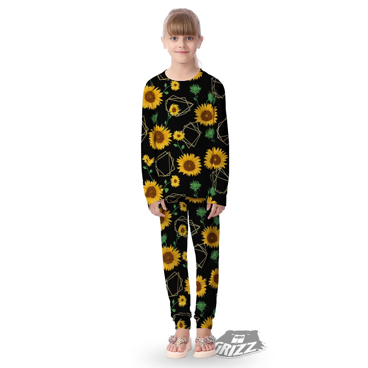 Polygonal Sunflower Print Pattern Kid's Pajamas-grizzshop