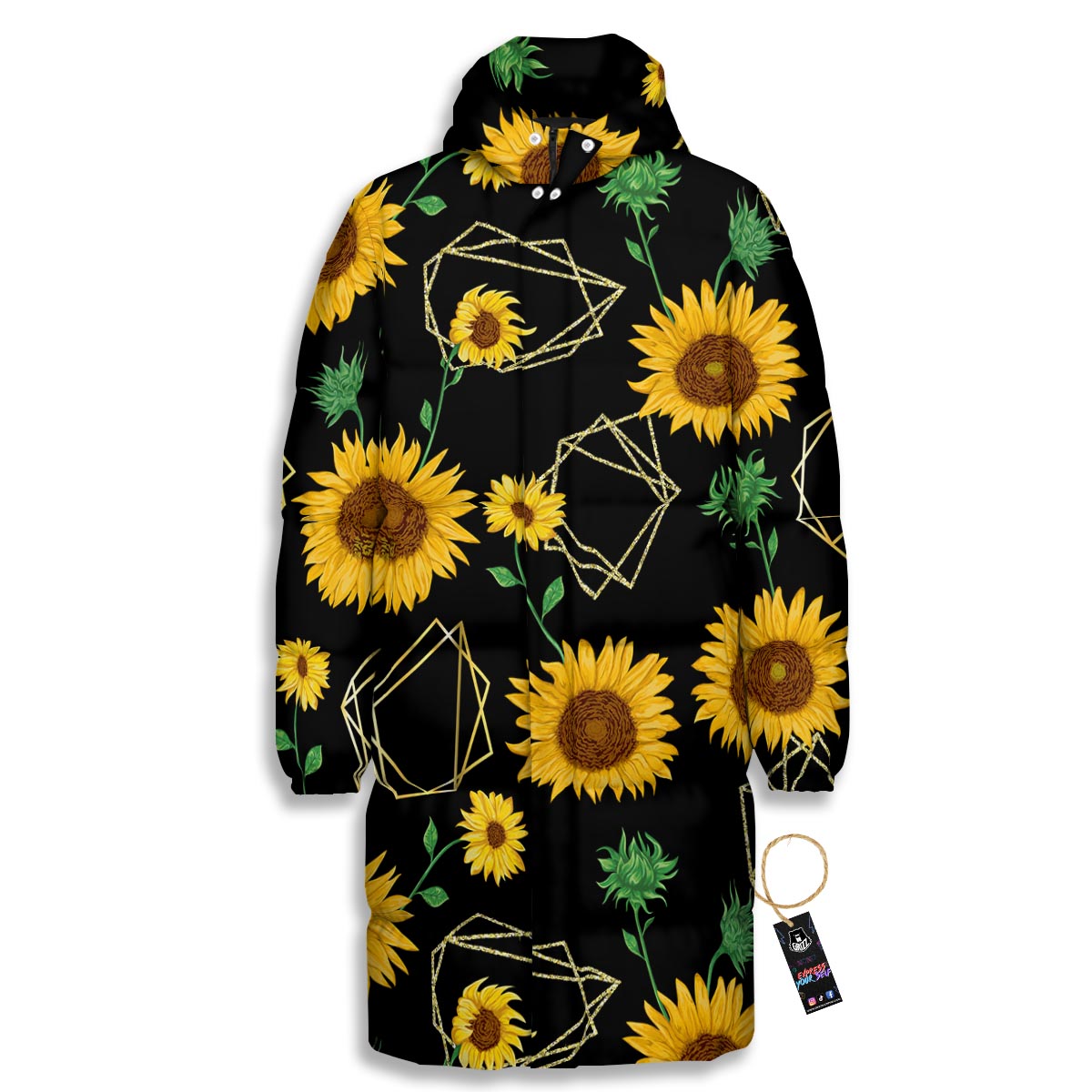 Polygonal Sunflower Print Pattern Long Down Jacket-grizzshop