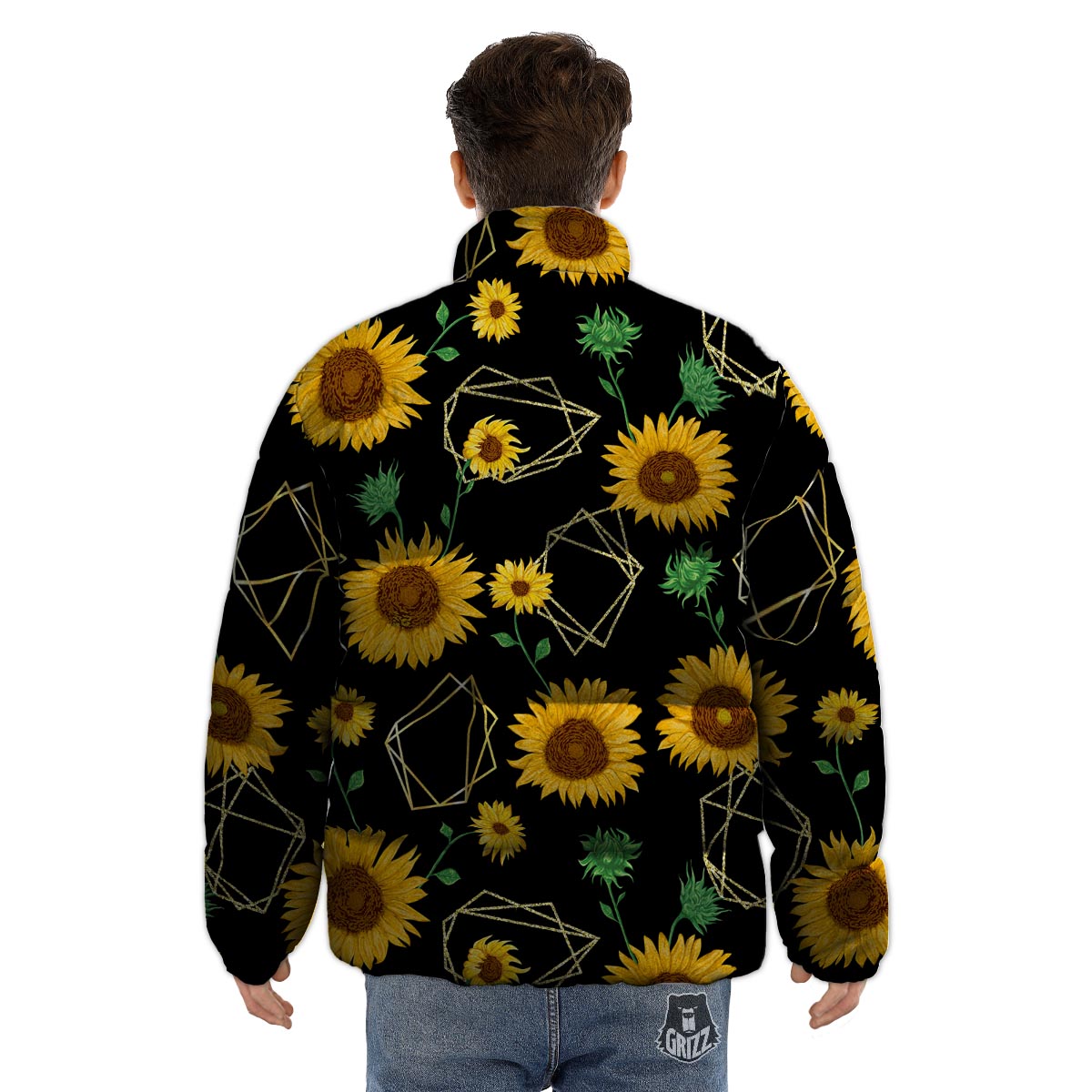 Polygonal Sunflower Print Pattern Puffer Jacket-grizzshop