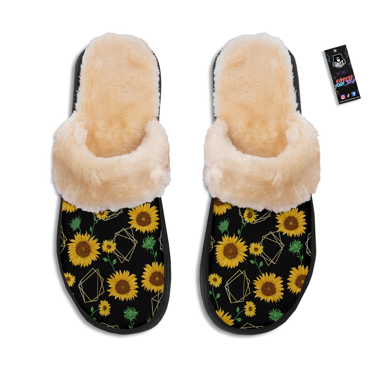 Polygonal Sunflower Print Pattern Slippers-grizzshop