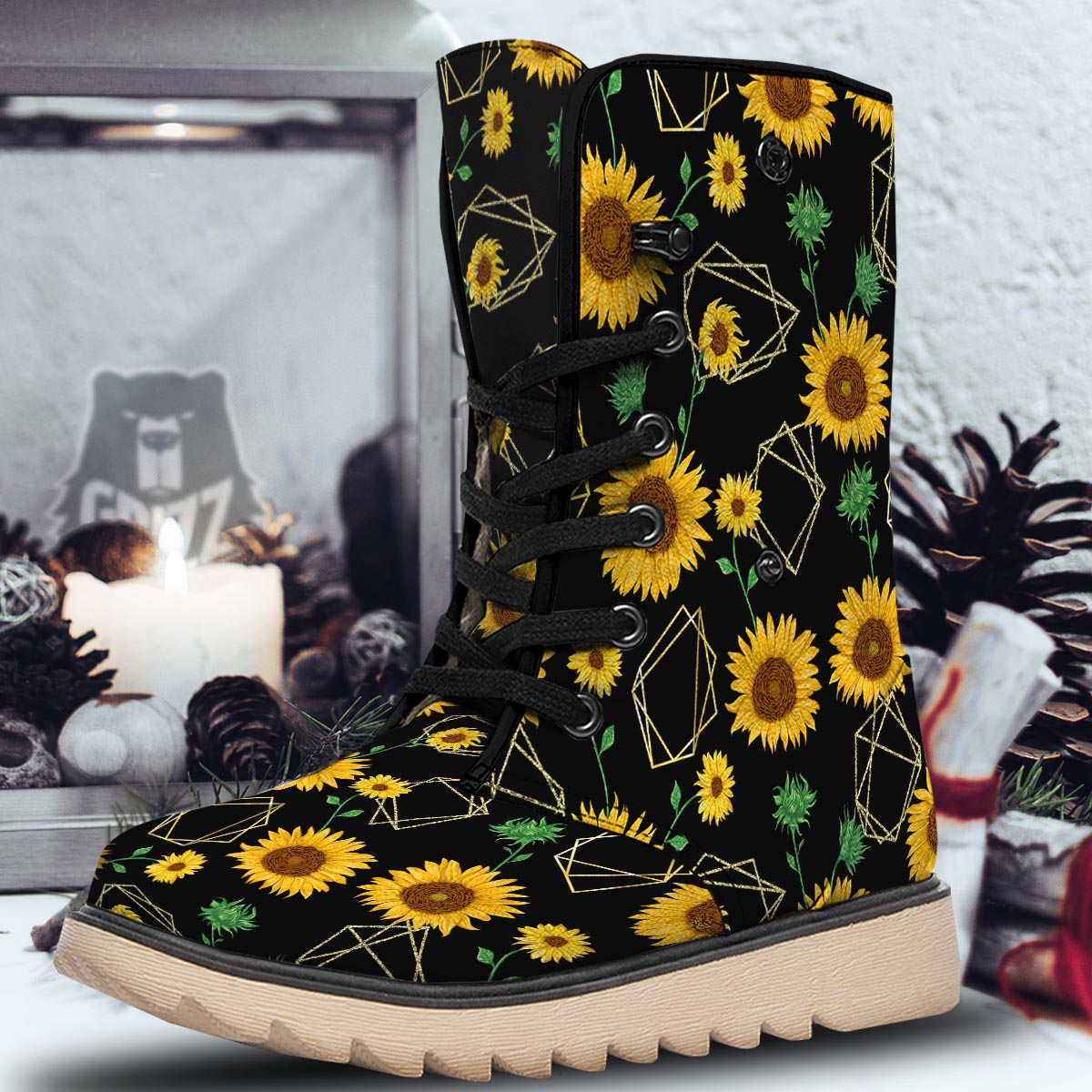 Polygonal Sunflower Print Pattern Snow Boots-grizzshop