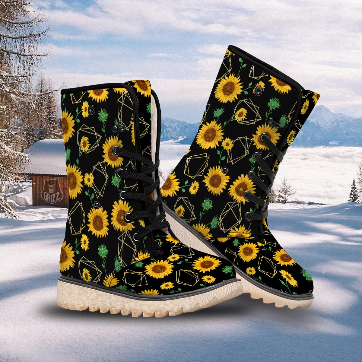 Polygonal Sunflower Print Pattern Snow Boots-grizzshop