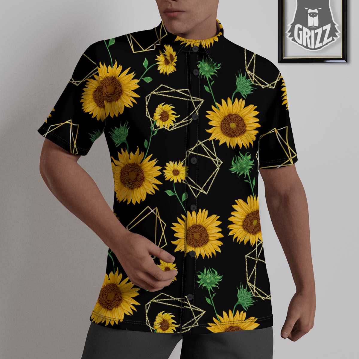 Polygonal Sunflower Print Pattern Untucked Shirts-grizzshop