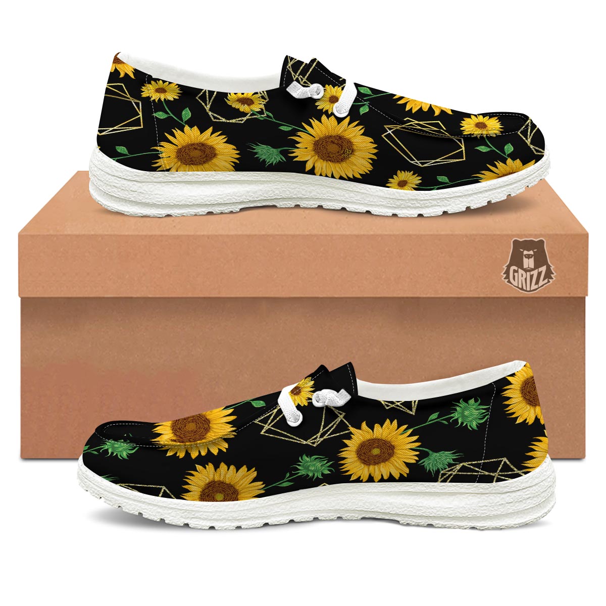 Polygonal Sunflower Print Pattern White Loafers-grizzshop