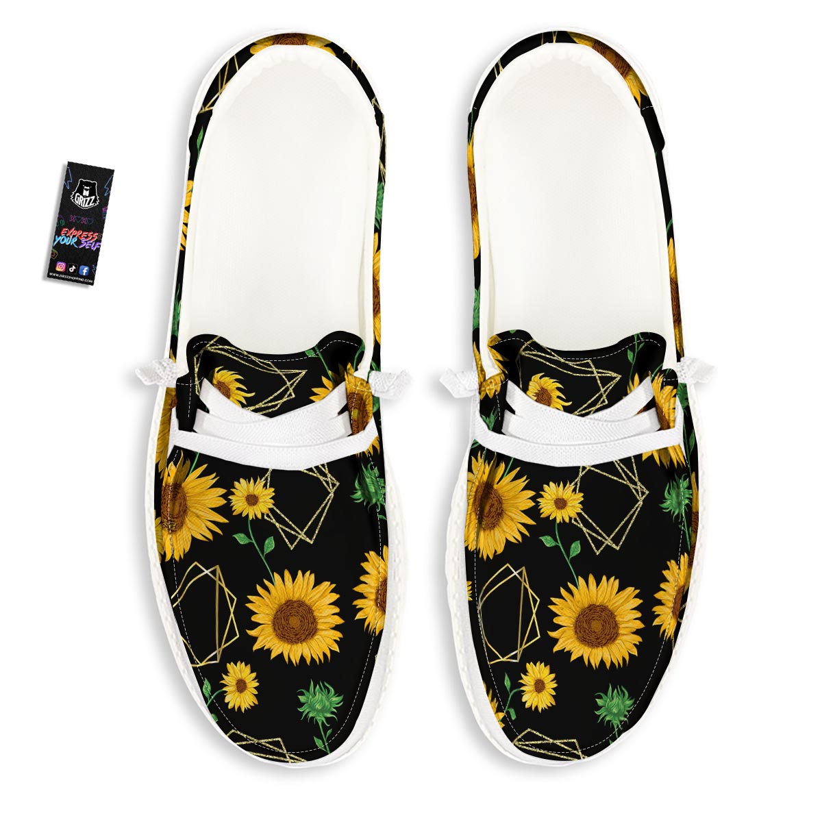 Polygonal Sunflower Print Pattern White Loafers-grizzshop