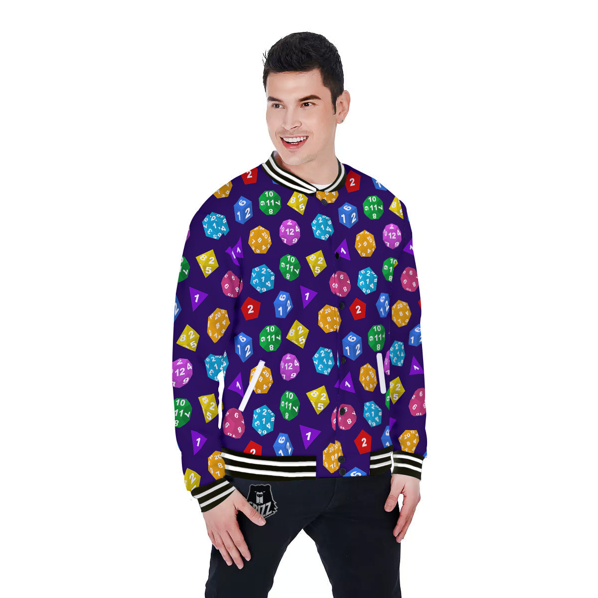 Polyhedron Dice Colorful Print Pattern Baseball Jacket-grizzshop