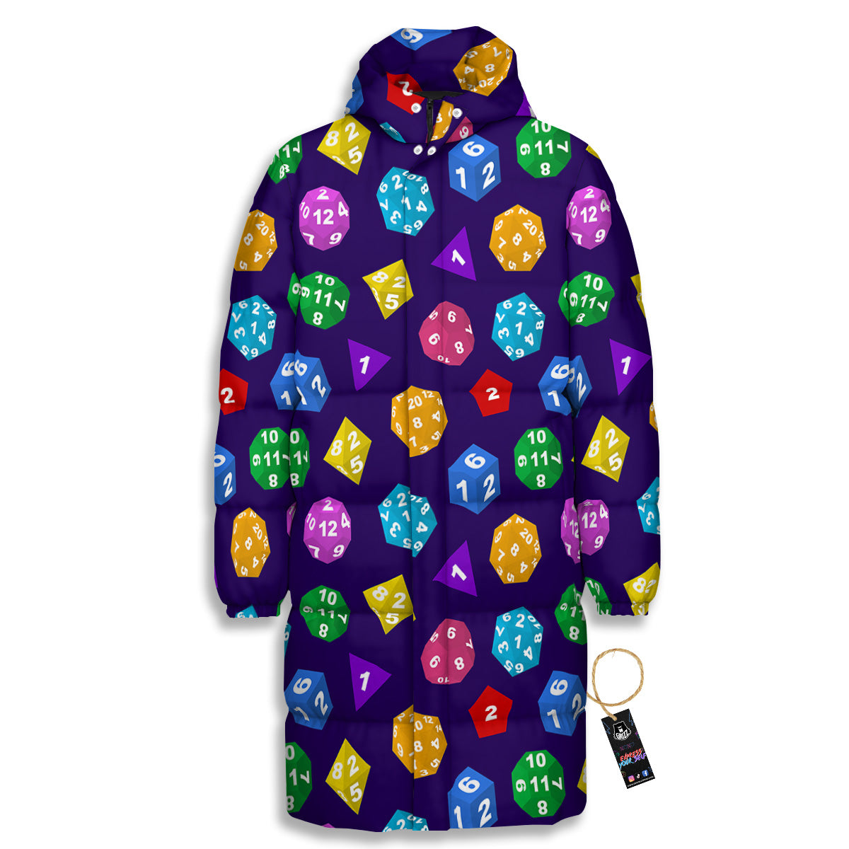 Polyhedron Dice Colorful Print Pattern Long Down Jacket-grizzshop