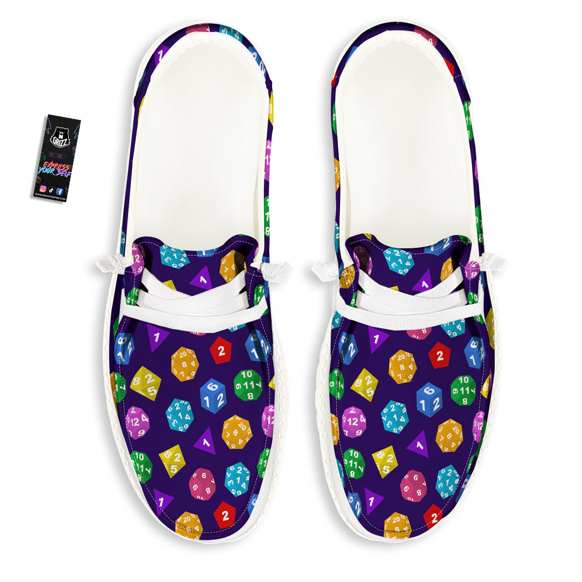 Polyhedron Dice Colorful Print Pattern White Loafers-grizzshop