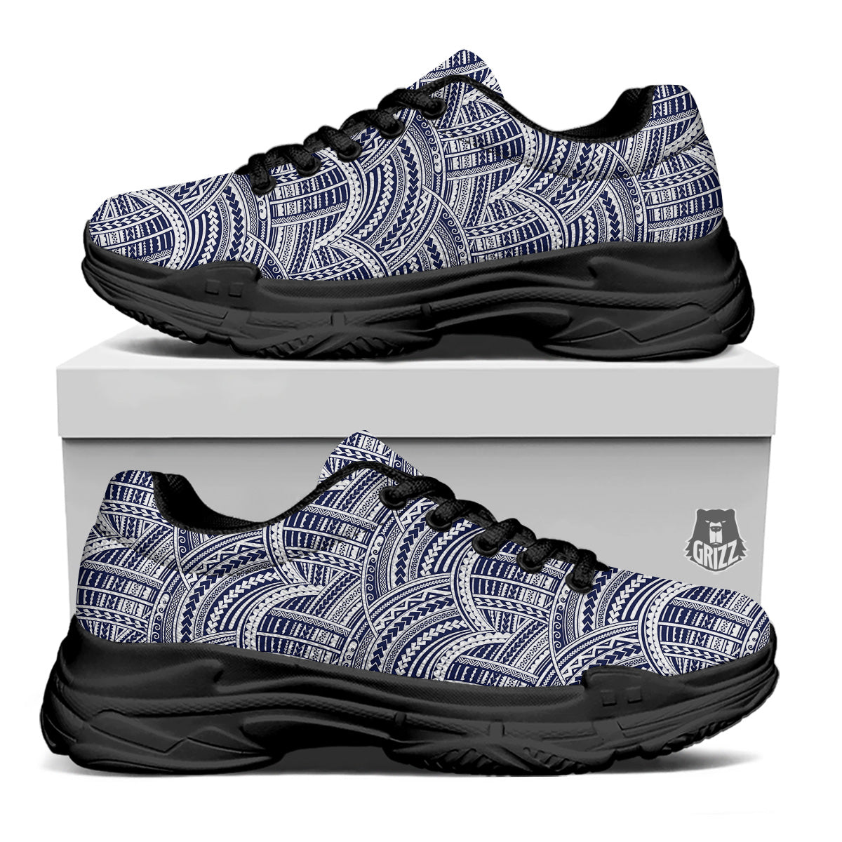 Polynesian Tattoo Blue Maori Print Black Chunky Shoes-grizzshop