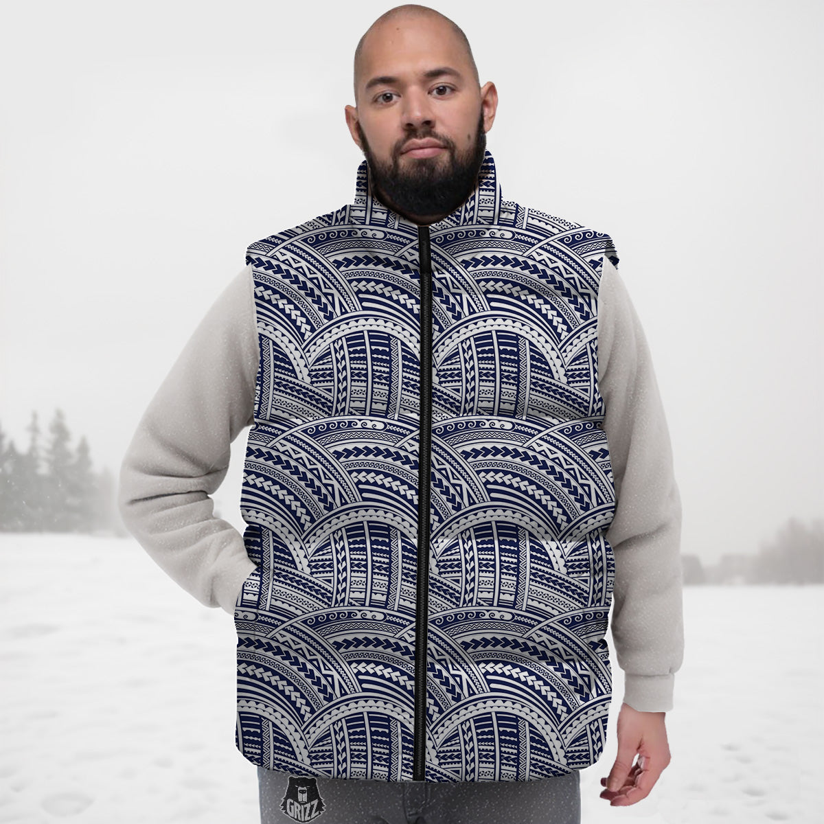Polynesian Tattoo Blue Maori Print Down Vest