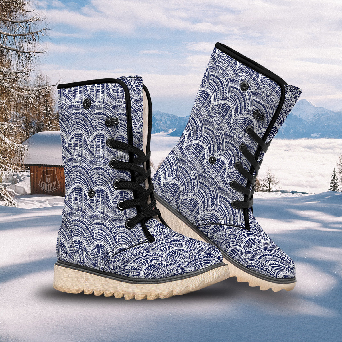 Polynesian Tattoo Blue Maori Print Snow Boots-grizzshop