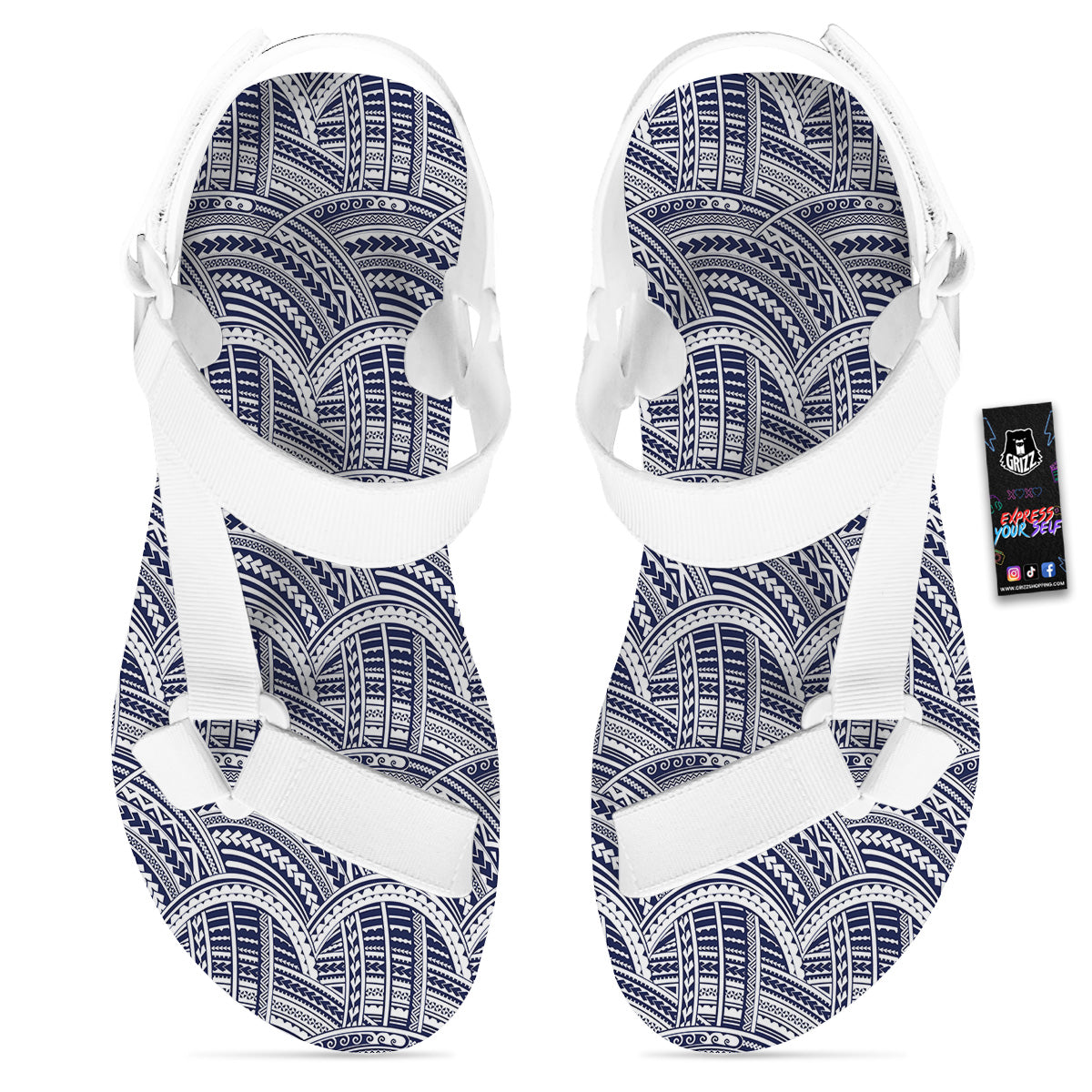 Polynesian Tattoo Blue Maori Print White Open Toe Sandals-grizzshop