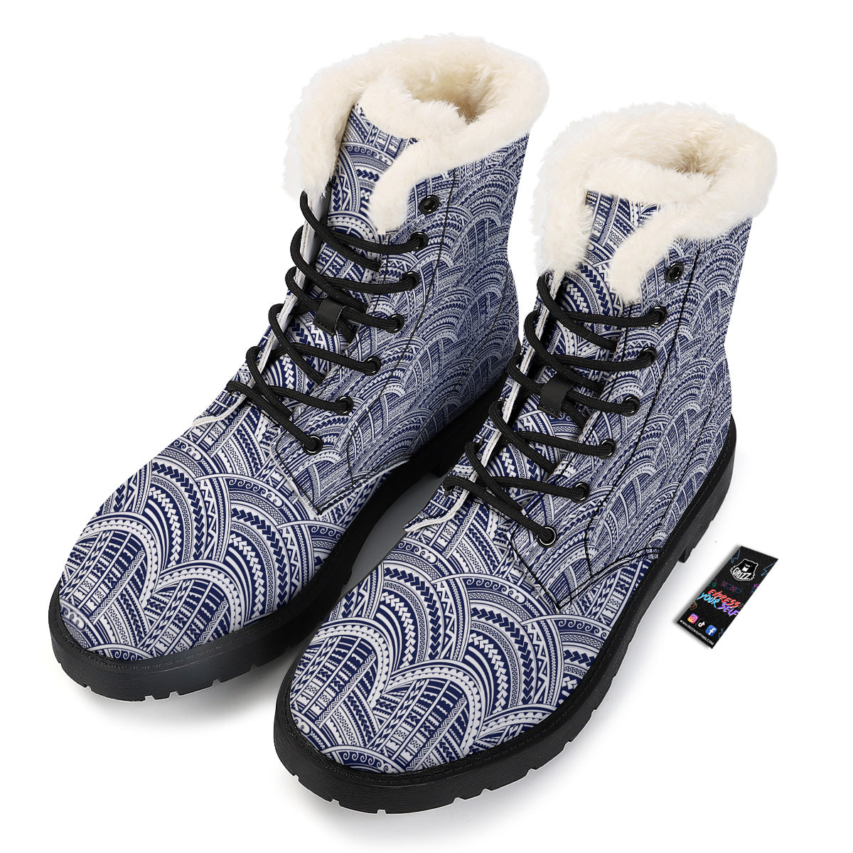 Polynesian Tattoo Blue Maori Print Winter Boots-grizzshop