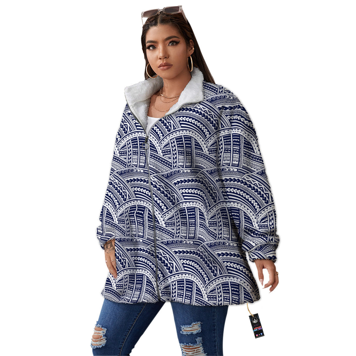 Polynesian Tattoo Blue Maori Print Women's Sherpa Jacket-grizzshop