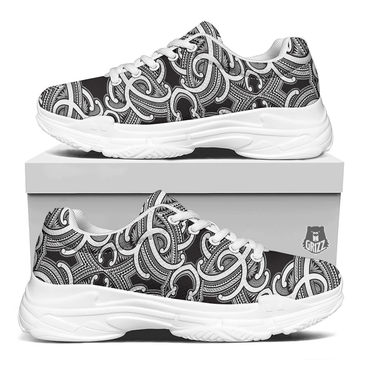 Polynesian Tattoo White And Black Print White Chunky Shoes-grizzshop