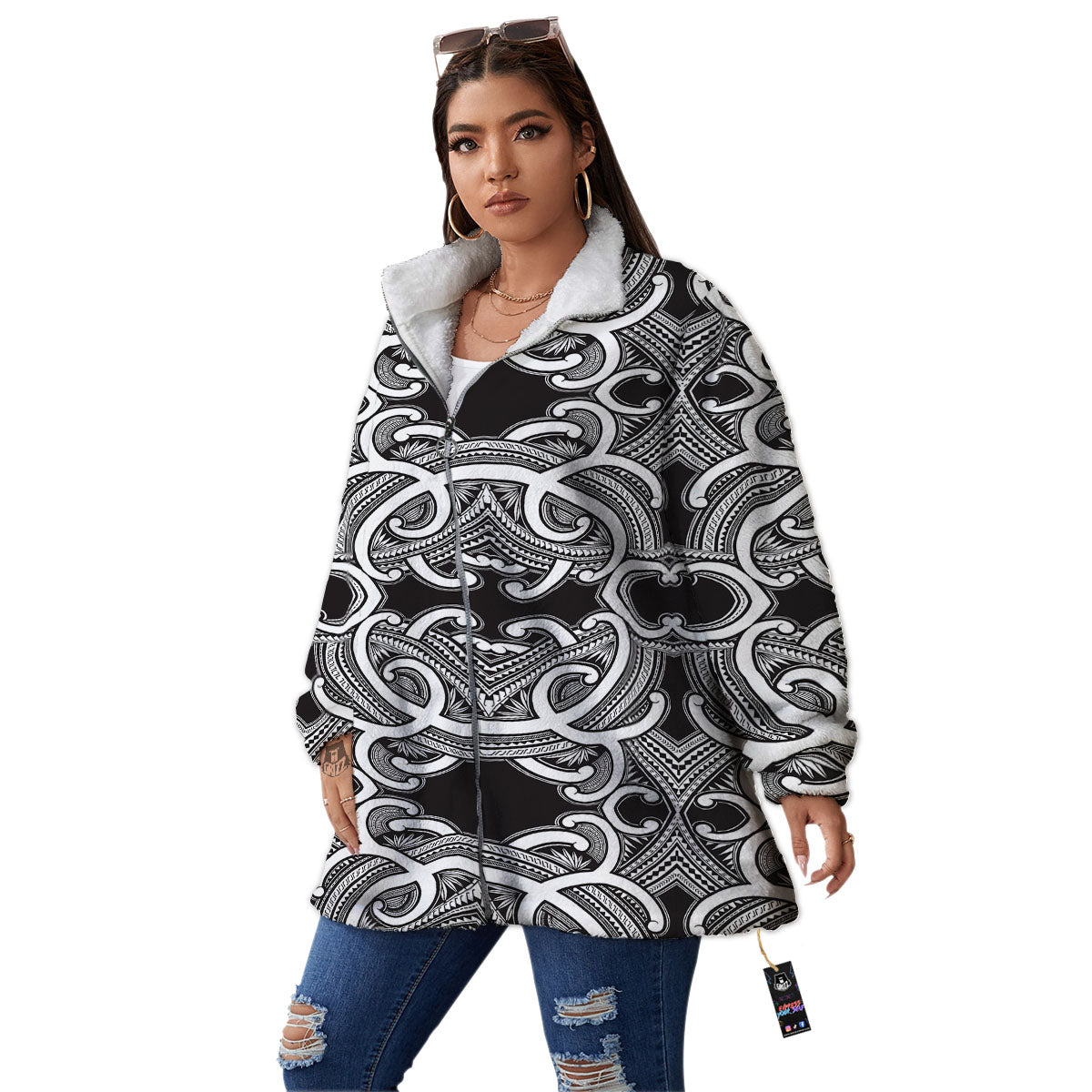Polynesian Tattoo White And Black Print Women's Sherpa Jacket-grizzshop