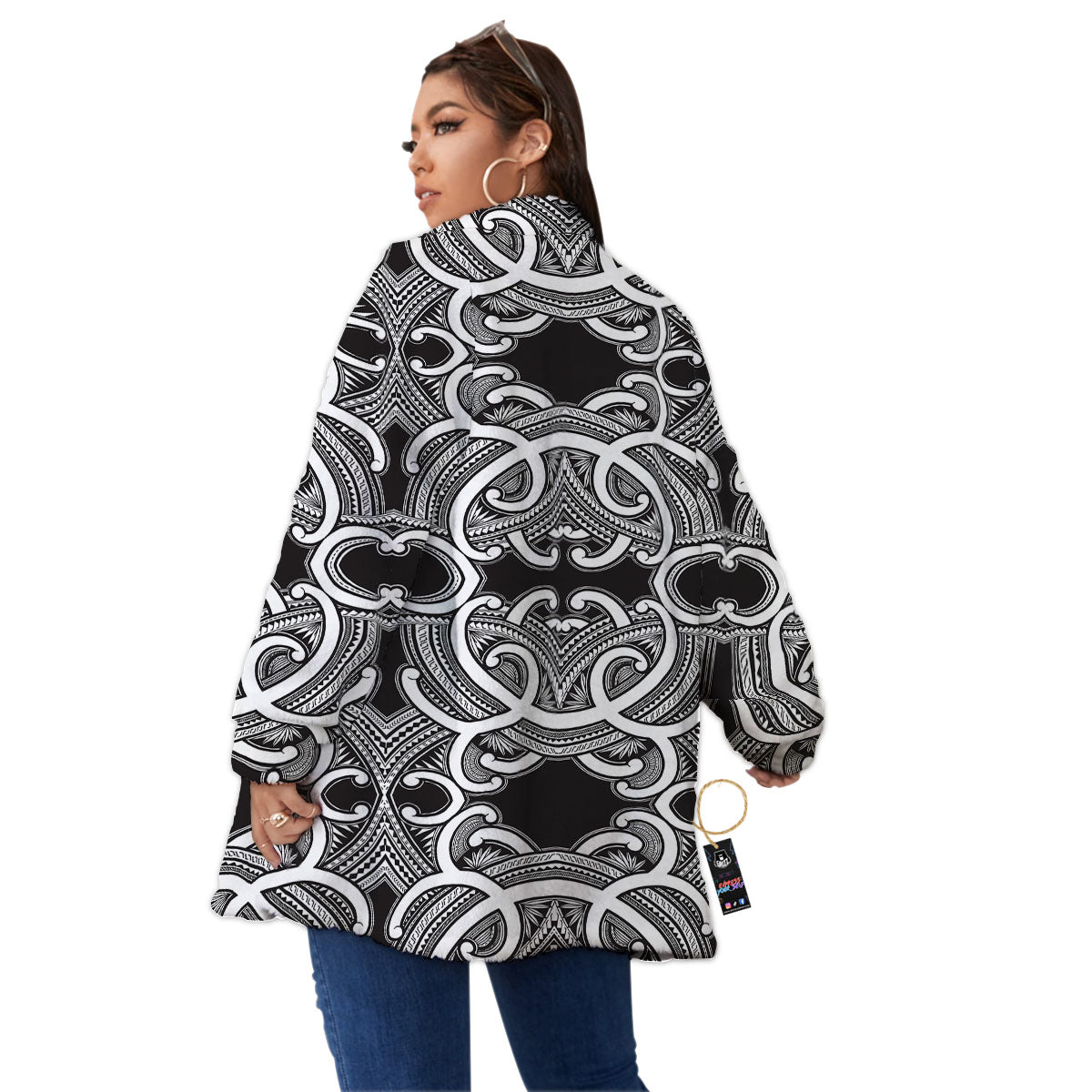 Polynesian Tattoo White And Black Print Women's Sherpa Jacket-grizzshop
