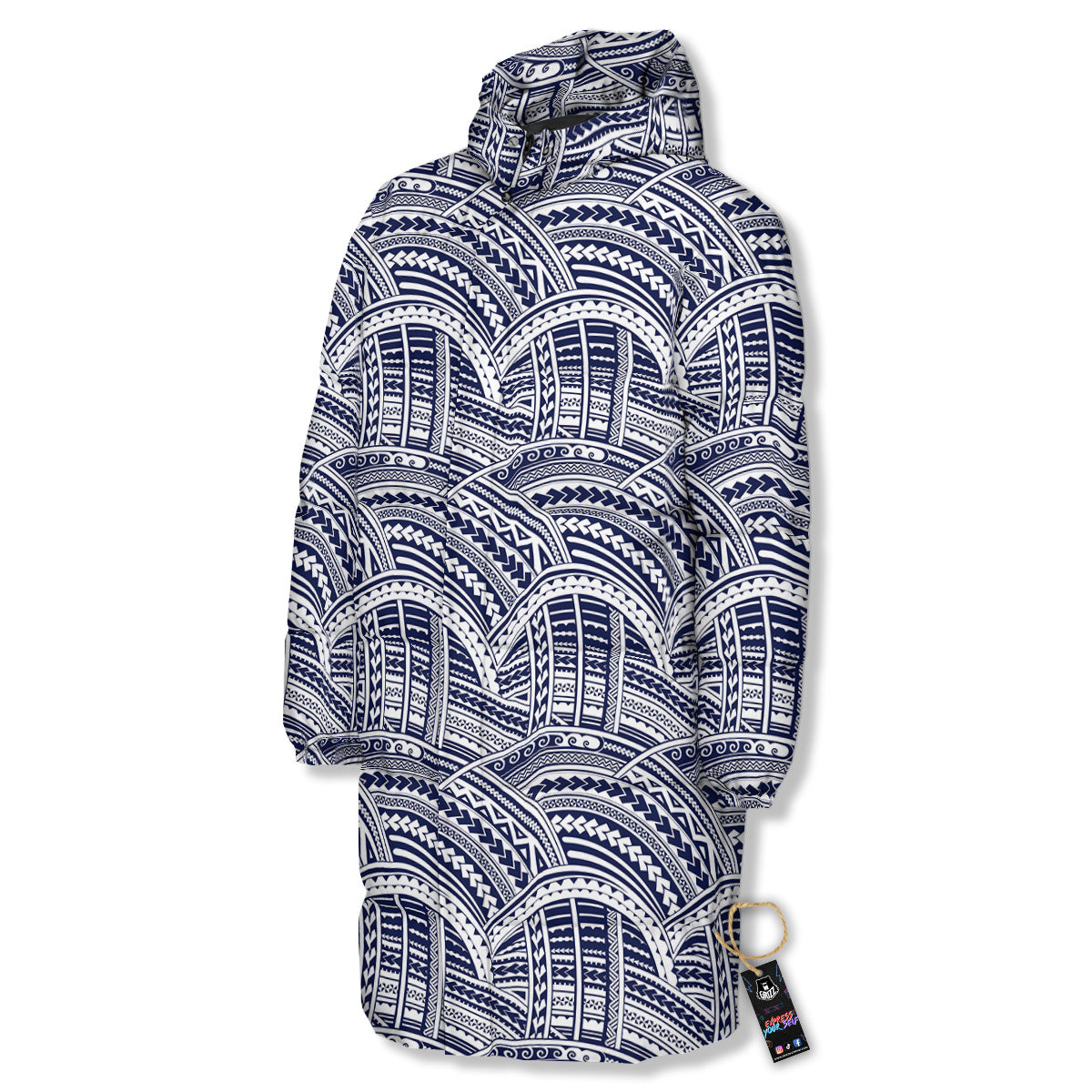 Polynesian Tattoo Blue Maori Print Long Down Jacket