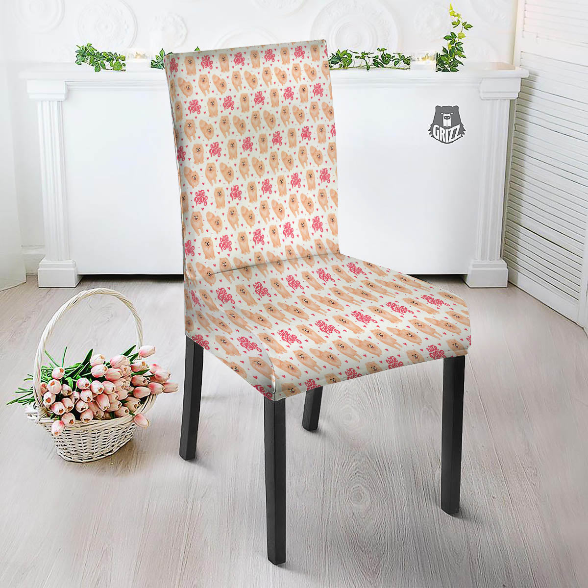 Pomeranian Cartoon Print Pattern Dining Chair Slipcover-grizzshop