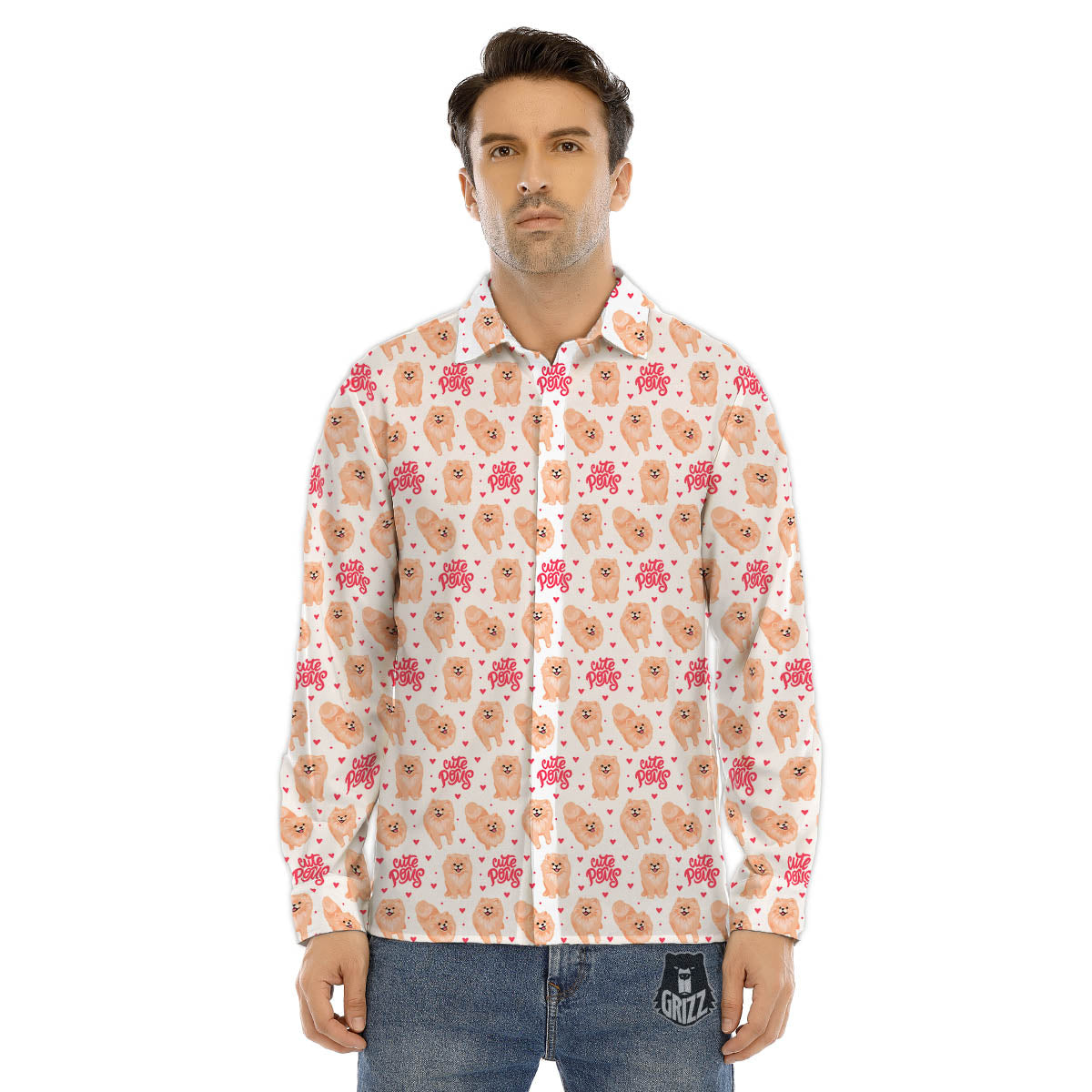 Pomeranian Cartoon Print Pattern Men's Dress Shirts-grizzshop