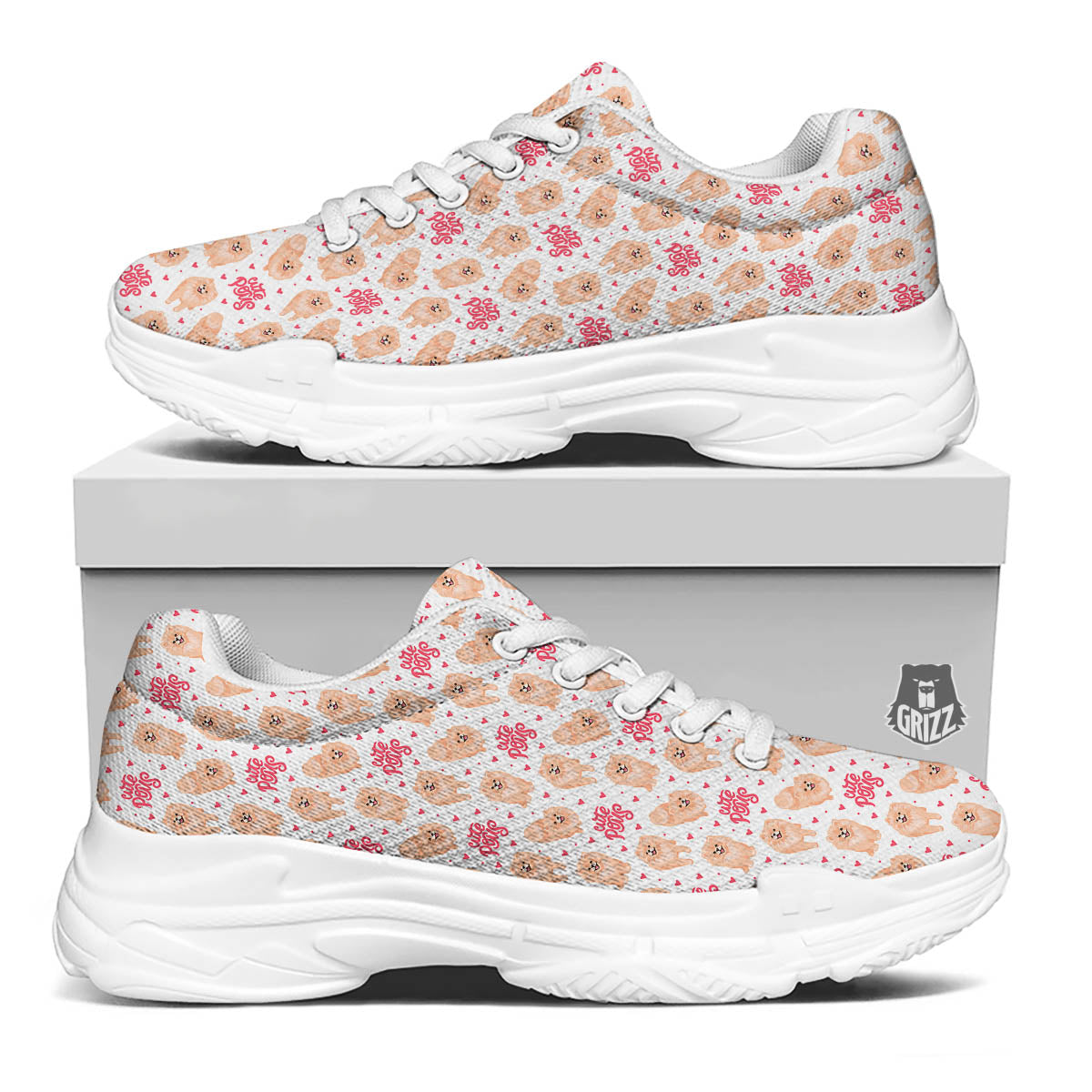 Pomeranian Cartoon Print Pattern White Chunky Shoes-grizzshop