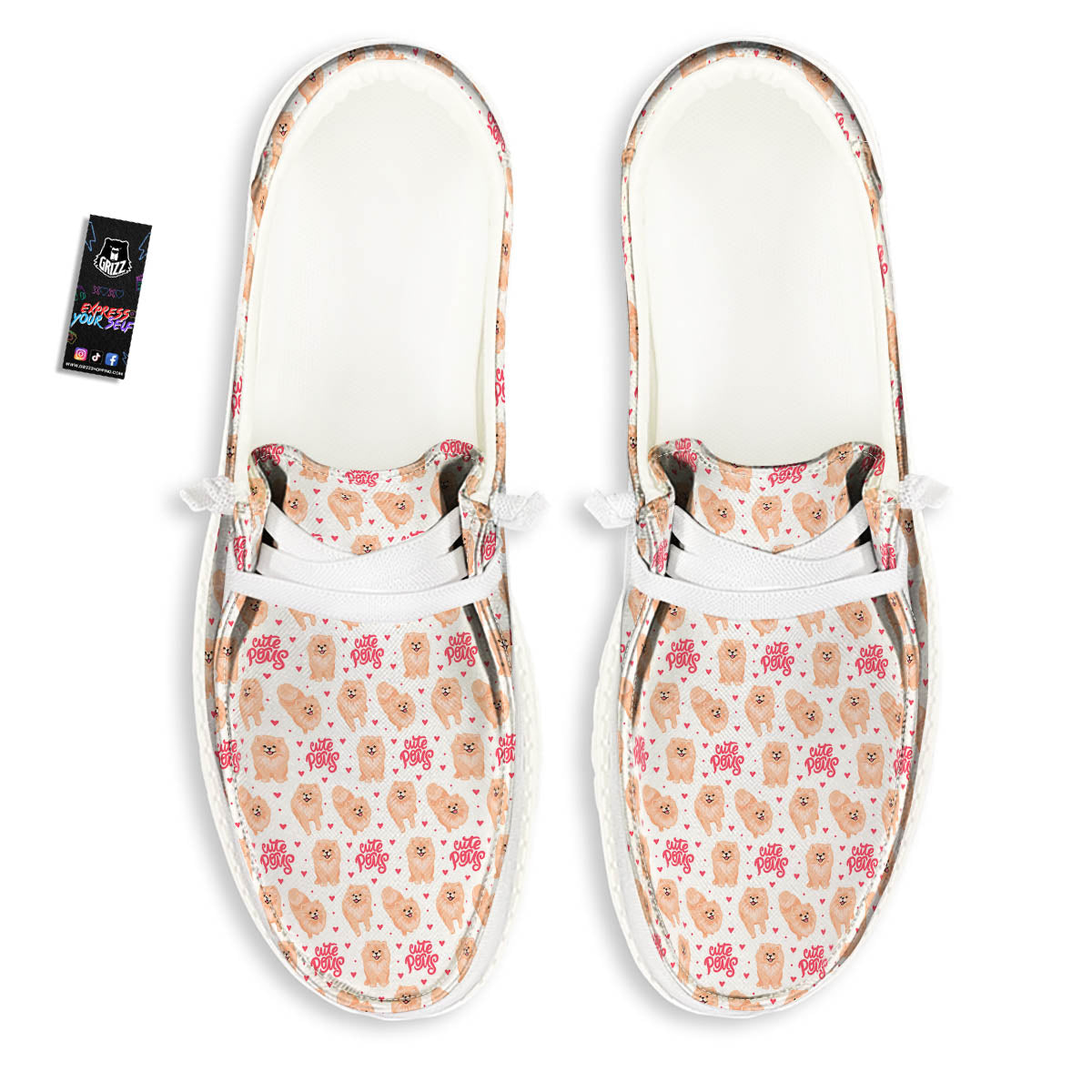 Pomeranian Cartoon Print Pattern White Loafers-grizzshop