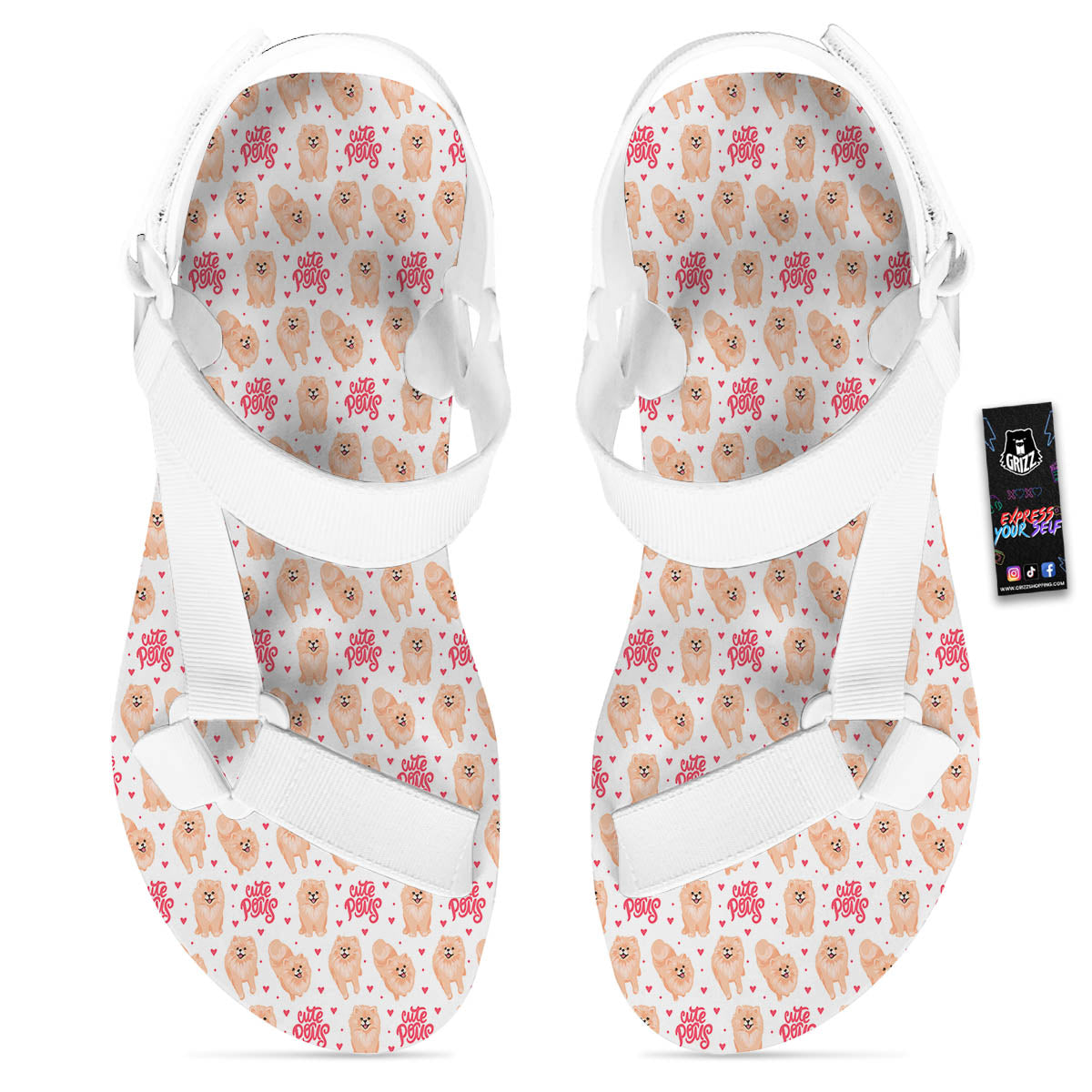 Pomeranian Cartoon Print Pattern White Open Toe Sandals-grizzshop