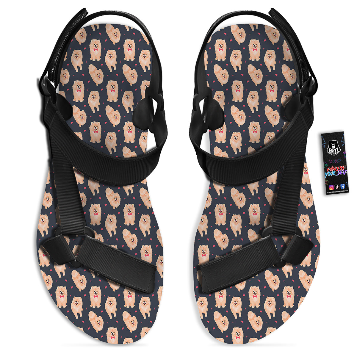 Pomeranian Cute Print Pattern Black Open Toe Sandals-grizzshop