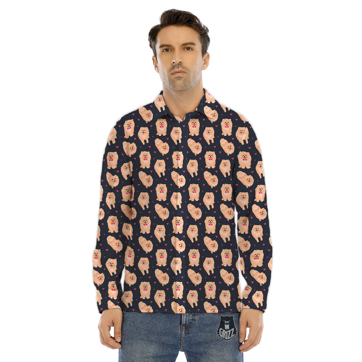 Pomeranian Cute Print Pattern Men's Dress Shirts-grizzshop