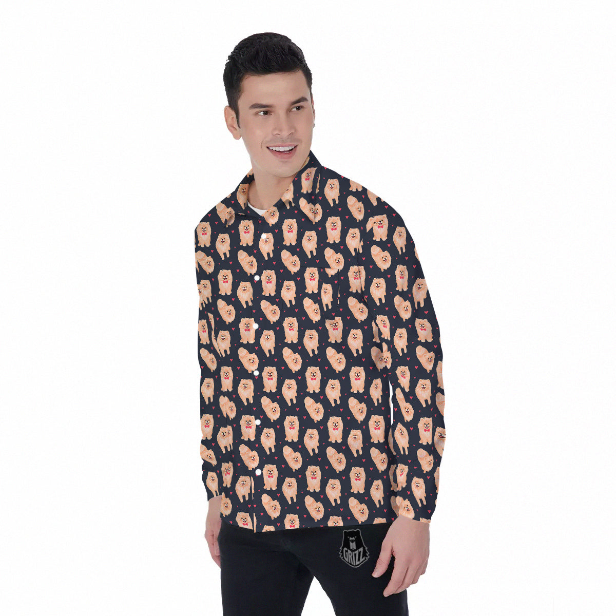 Pomeranian Cute Print Pattern Men's Long Sleeve Shirts-grizzshop