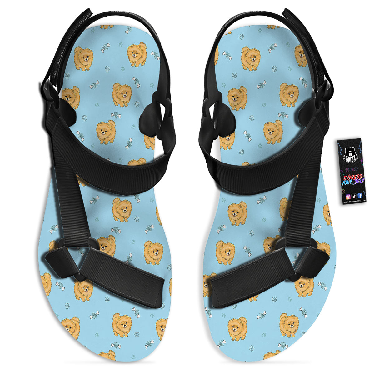 Pomeranian Little Print Pattern Black Open Toe Sandals-grizzshop
