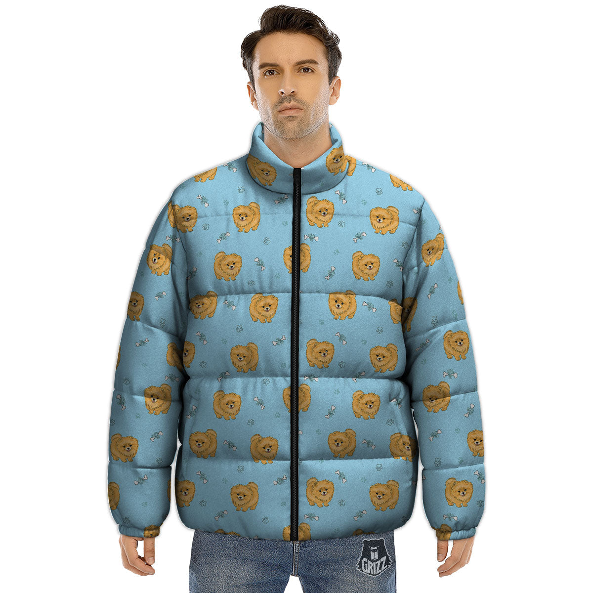 Pomeranian Little Print Pattern Puffer Jacket-grizzshop