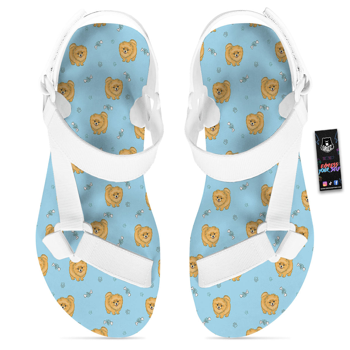 Pomeranian Little Print Pattern White Open Toe Sandals-grizzshop