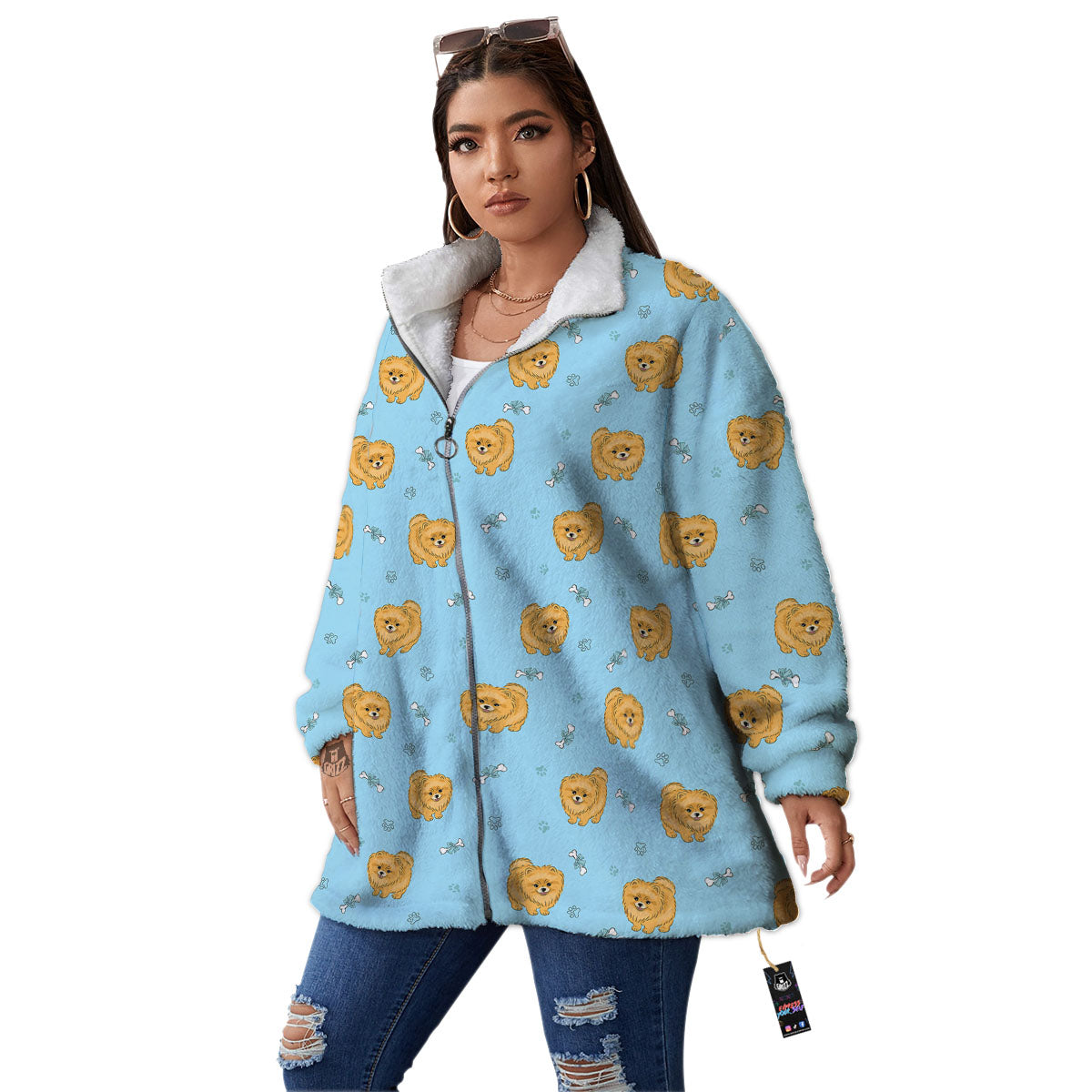 Pomeranian Little Print Pattern Women's Sherpa Jacket-grizzshop