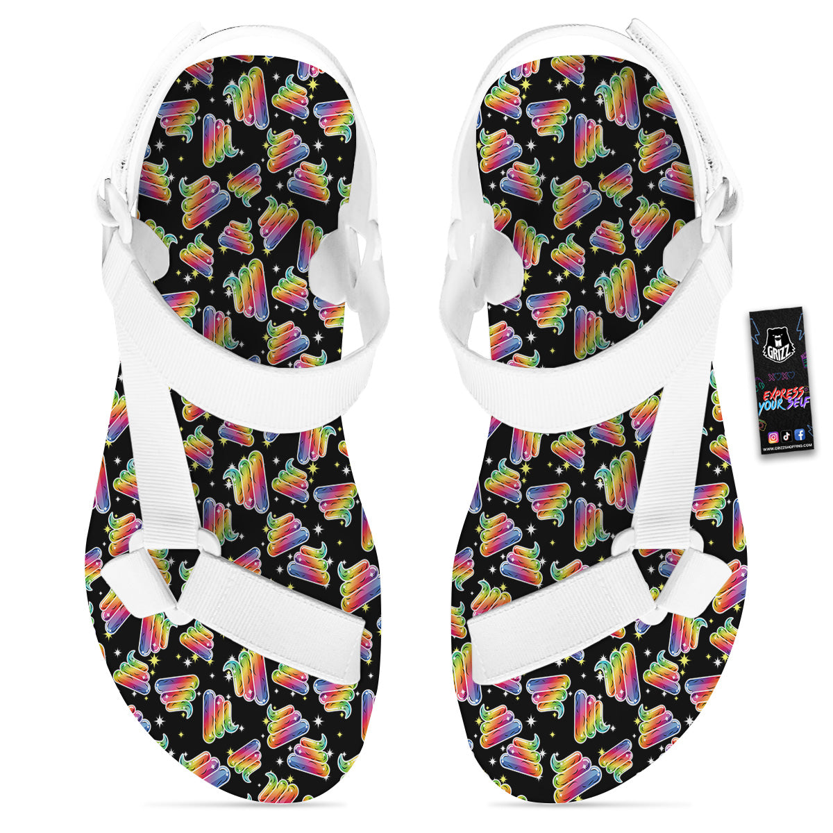 Poop Rainbow Cute Print Pattern White Open Toe Sandals-grizzshop
