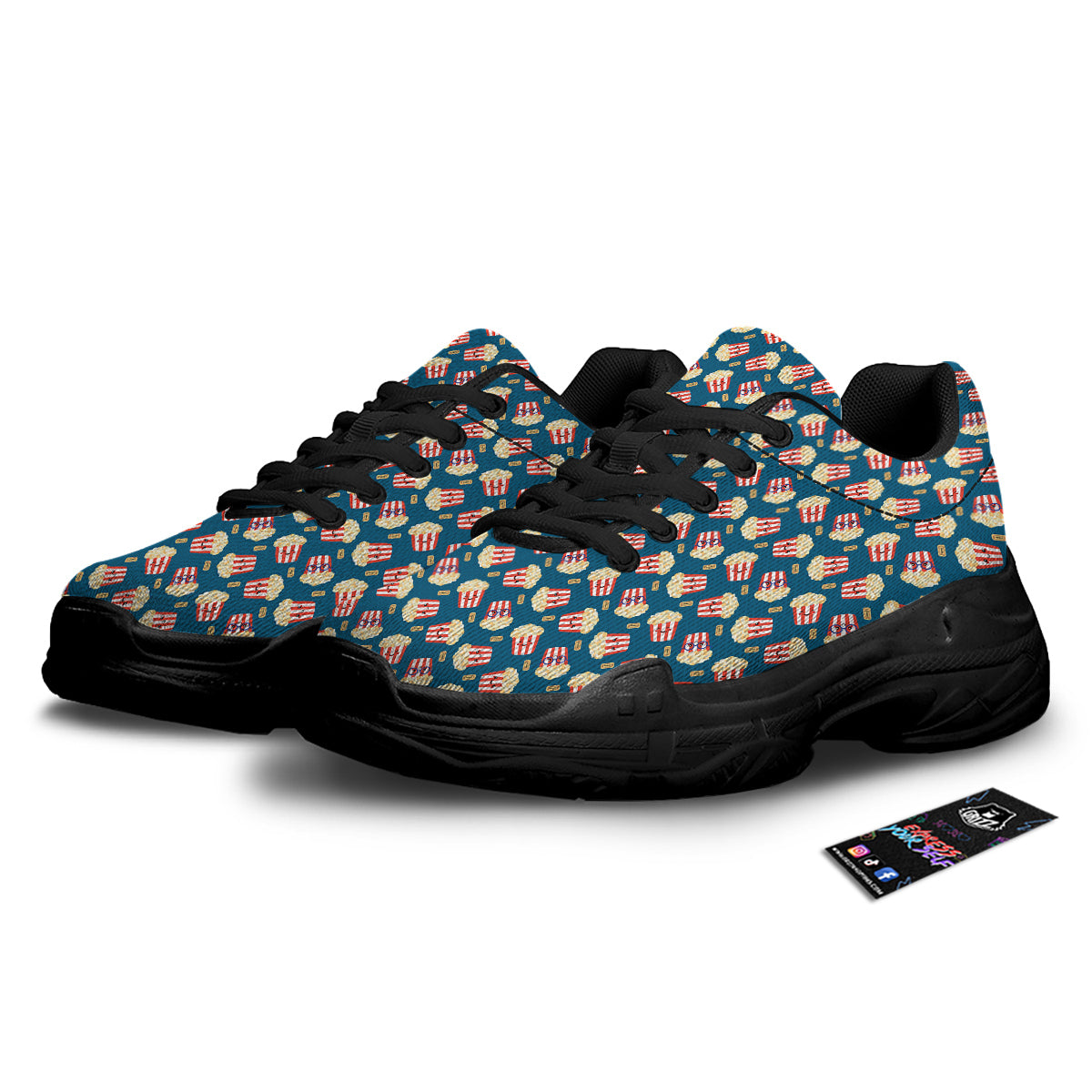 Popcorn Box Cute Print Pattern Black Chunky Shoes-grizzshop