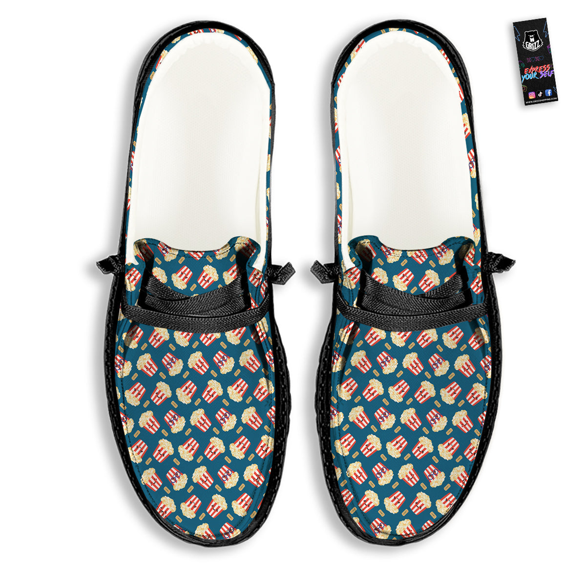 Popcorn Box Cute Print Pattern Black Loafers-grizzshop
