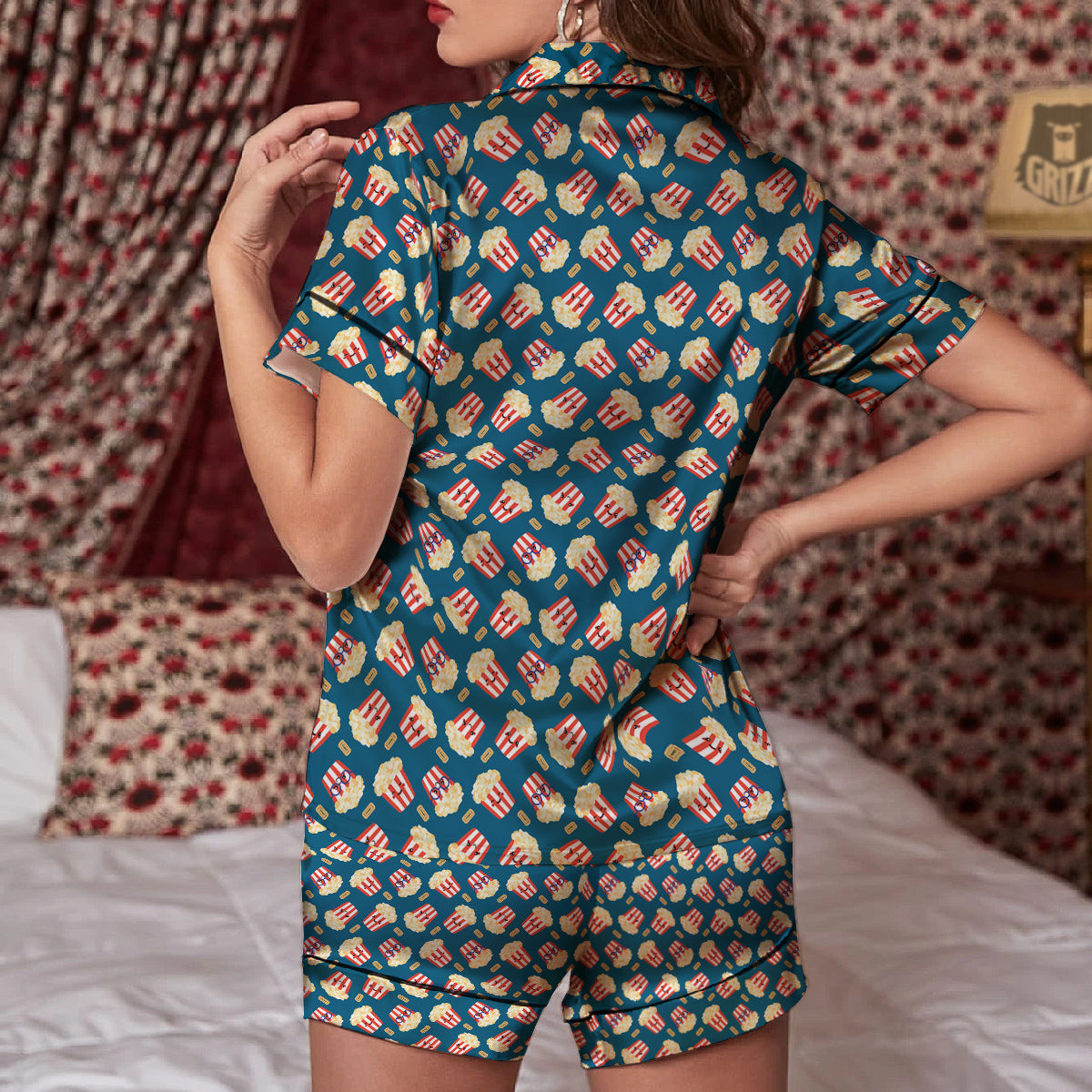 Popcorn Box Cute Print Pattern Women Silk Pajamas-grizzshop