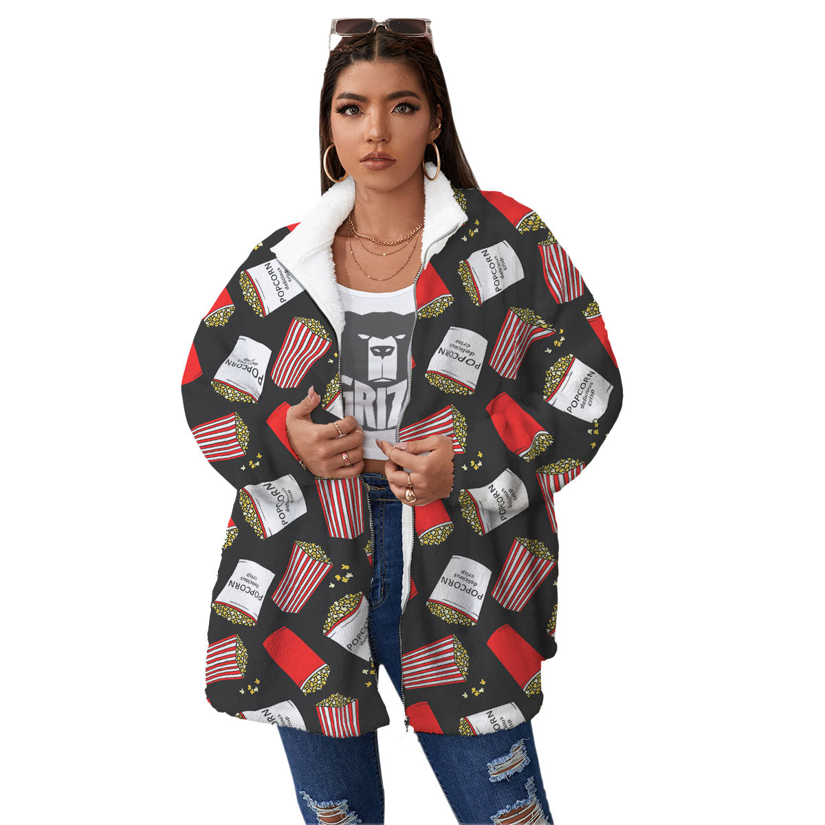 Popcorn Box Print Pattern Women's Sherpa Jacket-grizzshop