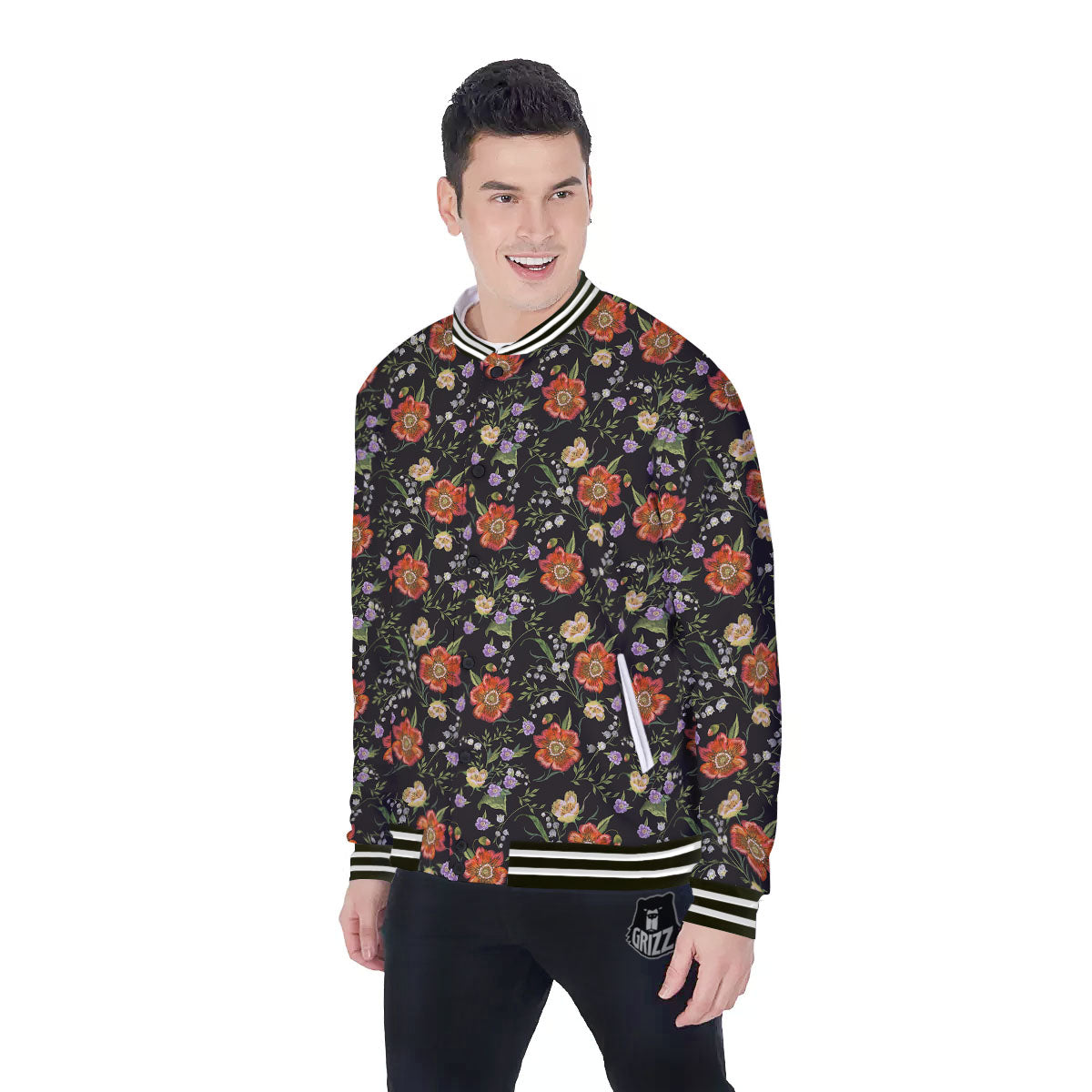 Poppy Embroidery Print Pattern Baseball Jacket-grizzshop