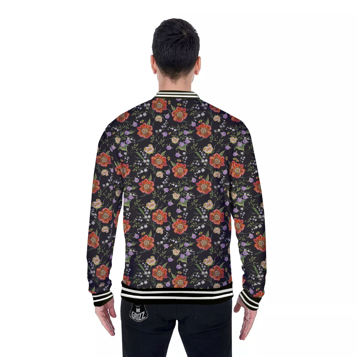 Poppy Embroidery Print Pattern Baseball Jacket-grizzshop