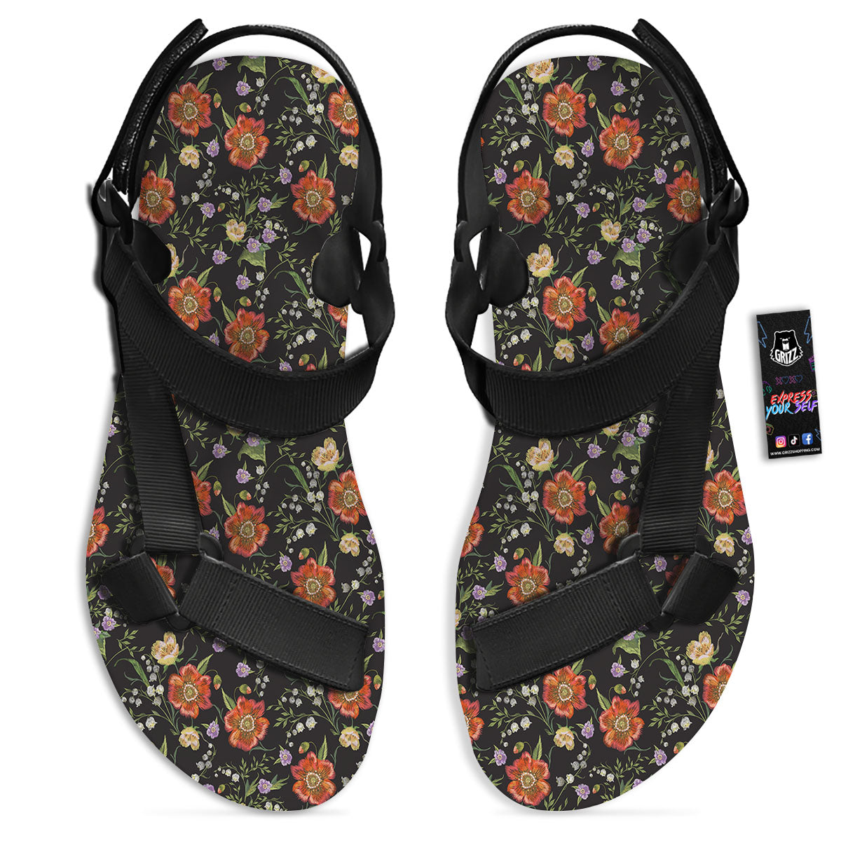 Poppy Embroidery Print Pattern Black Open Toe Sandals-grizzshop