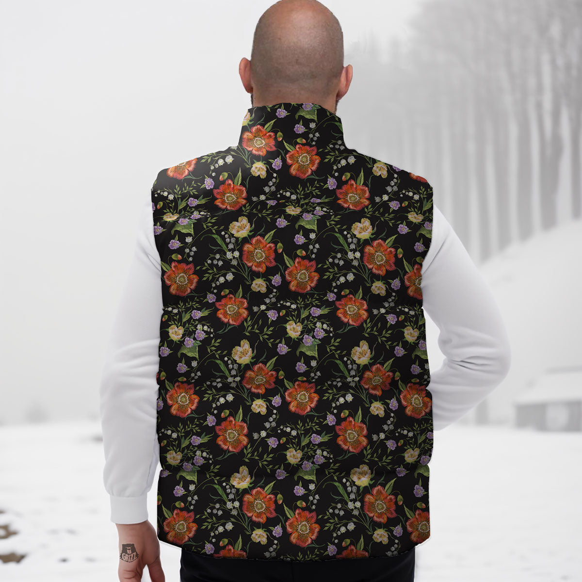 Poppy Embroidery Print Pattern Down Vest