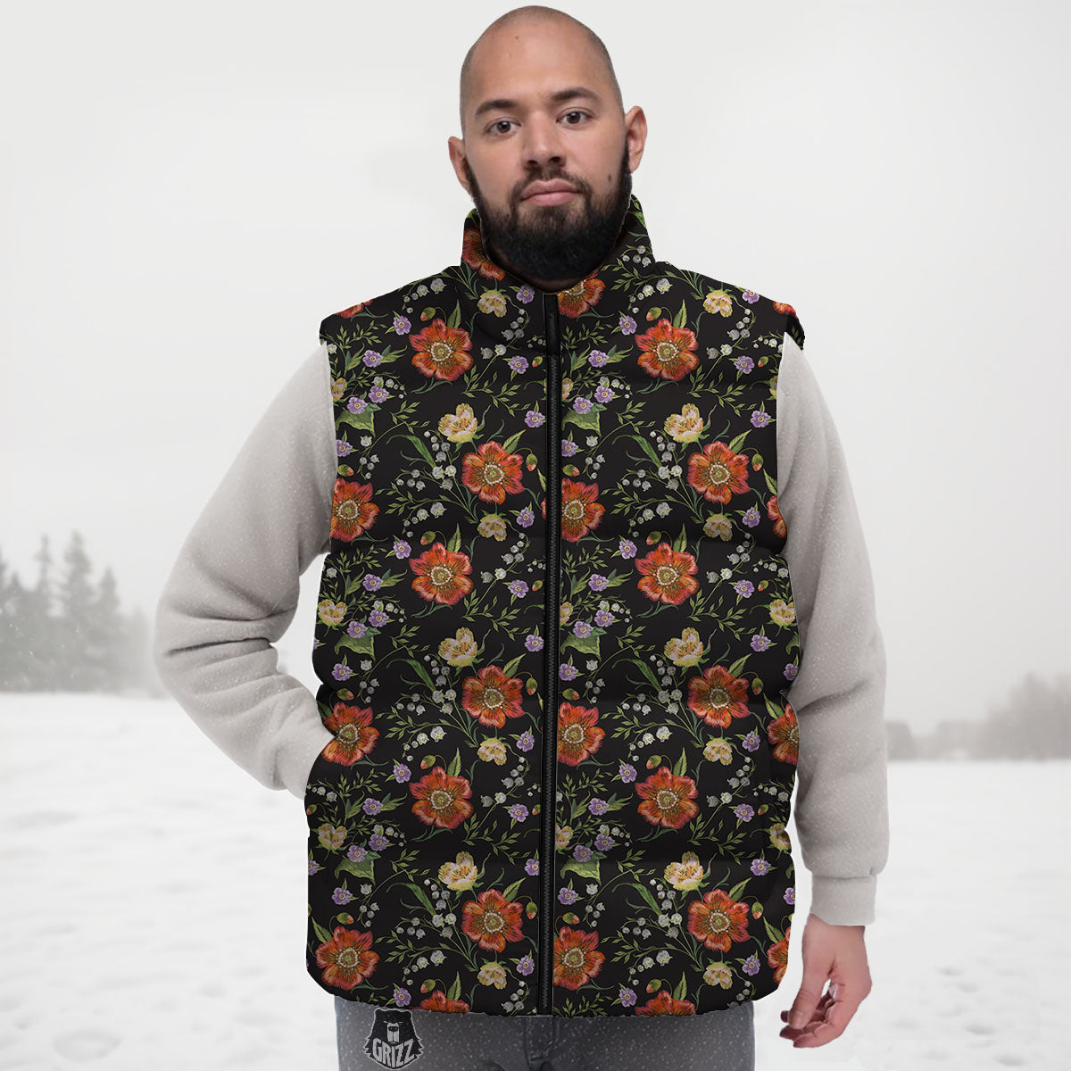 Poppy Embroidery Print Pattern Down Vest