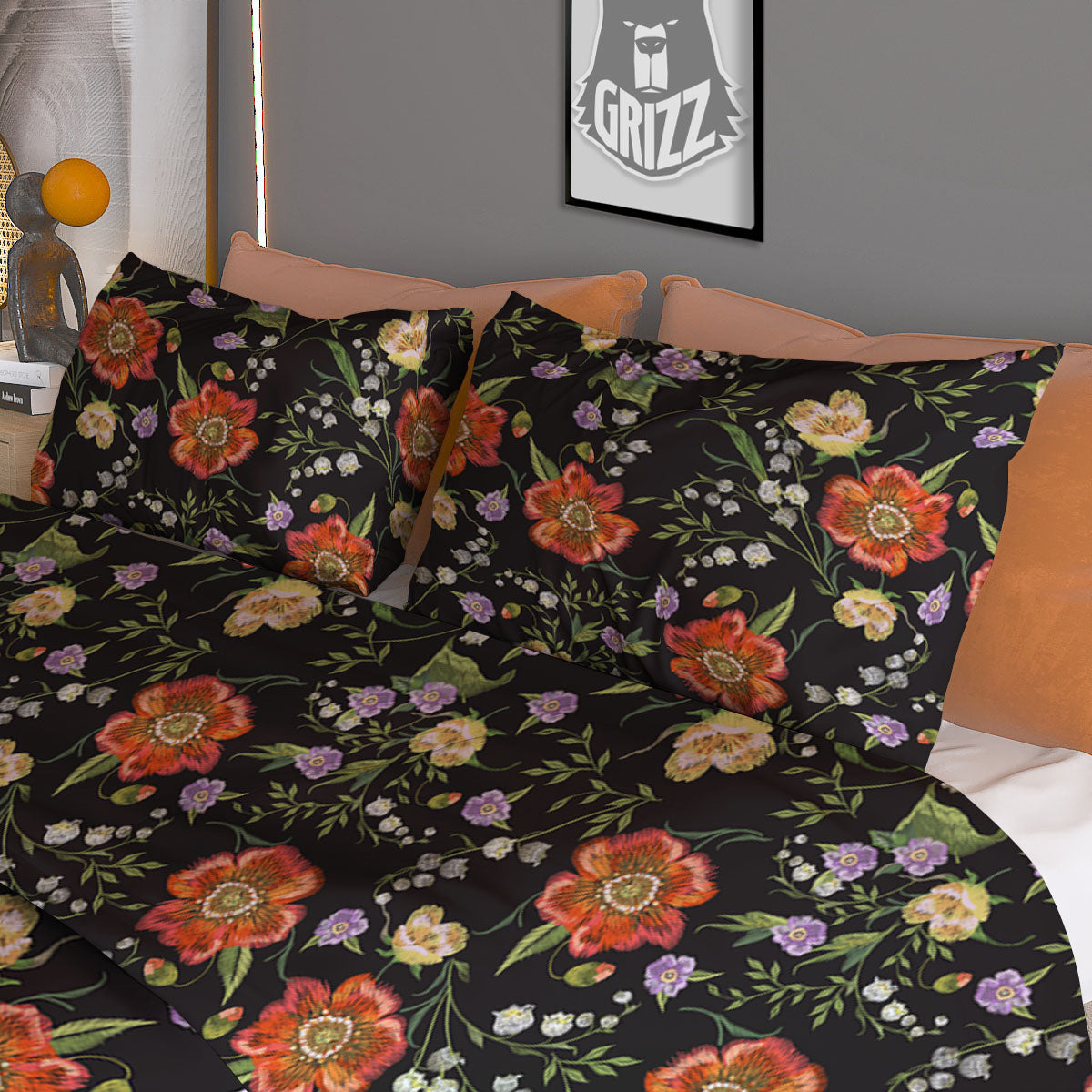 Poppy Embroidery Print Pattern Duvet Cover Bedding Set